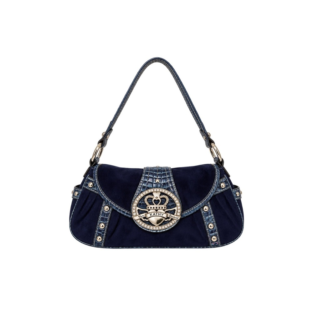 Kathy Van Zeeland Navy Blue Suede Croc Rhinestone Crown Shoulder Bag Y2K